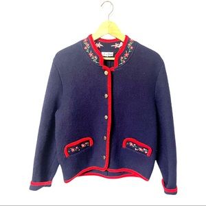 Nan Elliot vintage adorable nubby wool Grandma cardigan sweater w/floral pockets